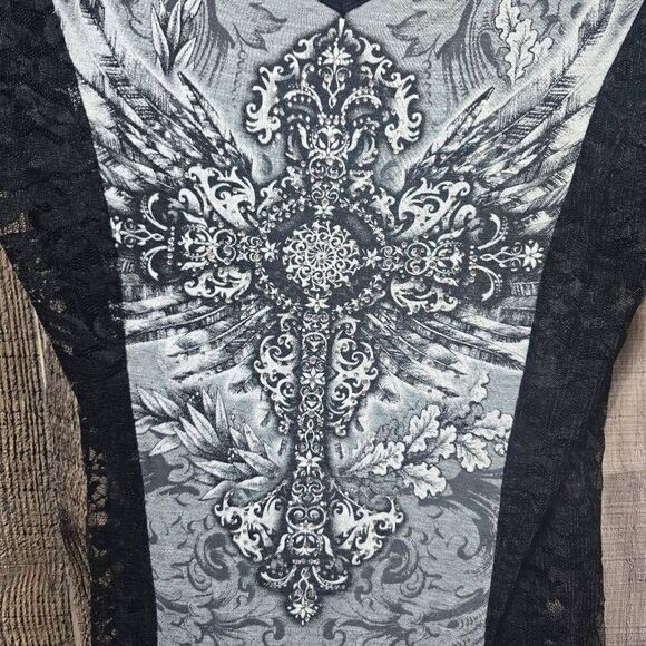 Active Street Couture Vintage Y2K Grey and Black Lace Cross Embellished Tee - Picture 2 of 6